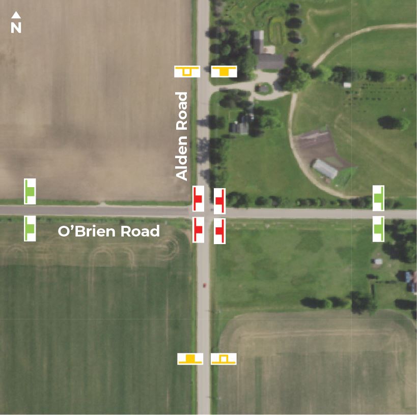 The intersection has stop signs on O'Brien Road at the intersection with Alden Road.  O'Brien Road has Stop Sign Ahead signage to warn drivers in both directions.  Alden Road has signs to show that O'Brien road is ahead
